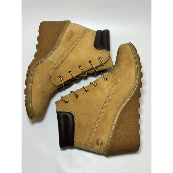 Timberland Women's Amston Wedge High Heel Wheat Suede Leather Boots SIZE 9 - Picture 8 of 16